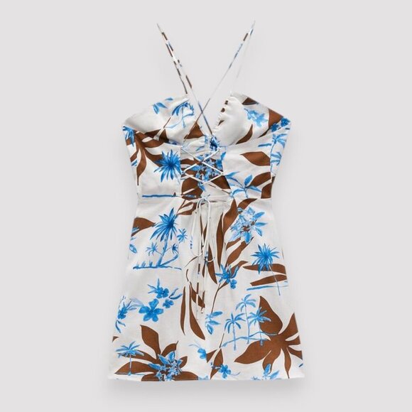 ZARA 100% Linen Tropical Floral Summer Mini Dress XS NWOT | Adjustable Lace-Up - Picture 6 of 12